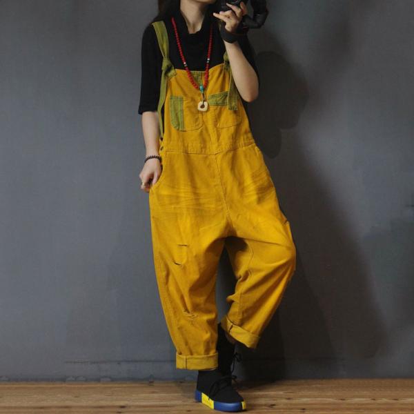 Front Pockets Ripped Corduroy Jumpsuits Womans Korean Dungarees