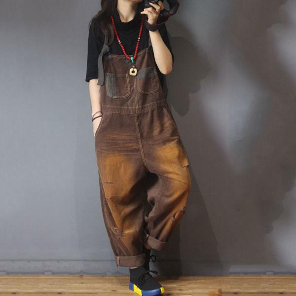 Korean Style Coffee Baggy Overalls Distressed Corduroy Jumpsuits