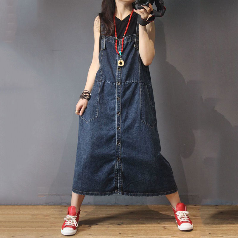 Casual Style Denim Button Down Dress Korean A-Line Jumper Dress in Dark ...