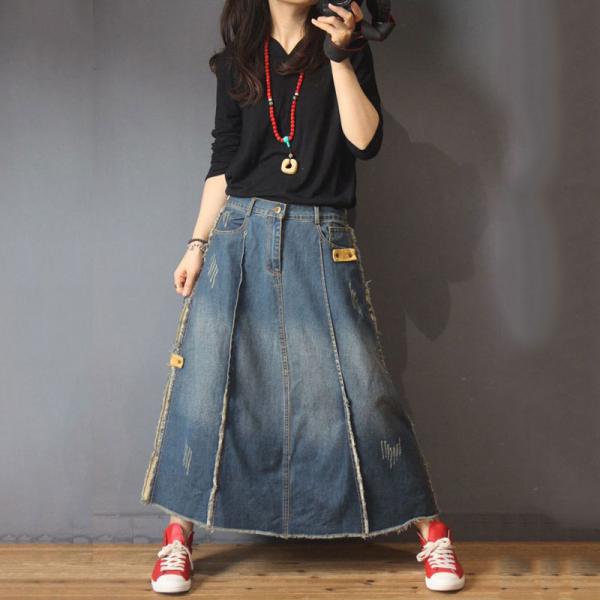 Unique Design Distressed Denim Skirt Vintage Jeans Maxi Skirt