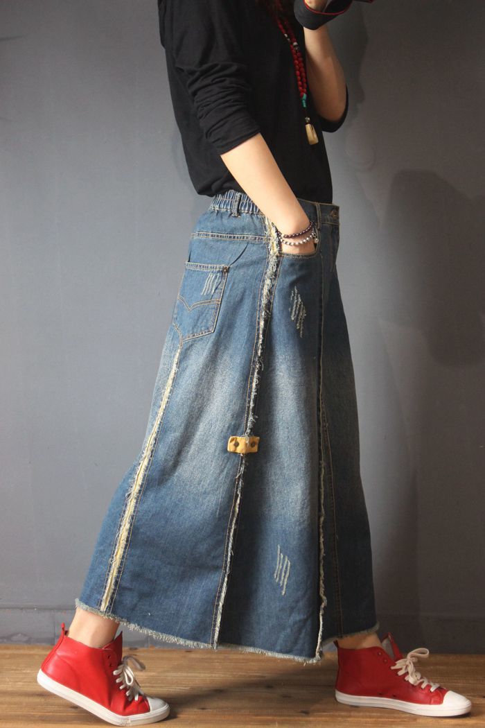 Unique Design Distressed Denim Skirt Vintage Jeans Maxi Skirt in Denim ...