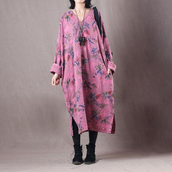 V-Neck Long Sleeve Oversized T-shirt Dress Printed Pink Casual Dress