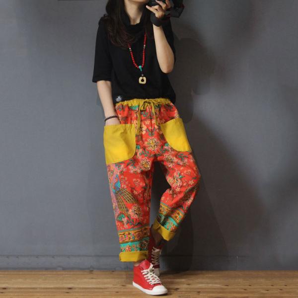 Front Pockets Printed Ethnic Trousers Baggy Yellow Harem Pants