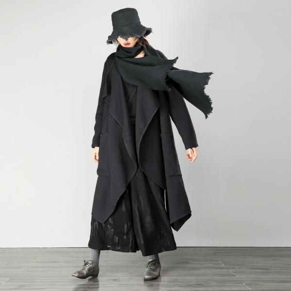 Fashion Cotton Linen Duster Coat Black Asymmetrical Streetwear