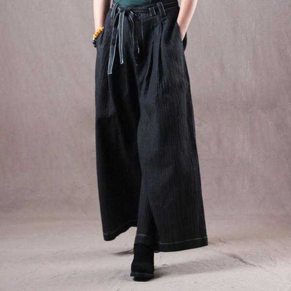 Elegant Pinstriped Wide Leg Pants Cotton Linen Palazzo Pants with Belts