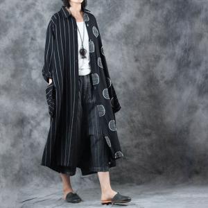 Big Pockets Stereo Polka Dot Linen Shirt Cardigan Black Oversized Shirt Dress