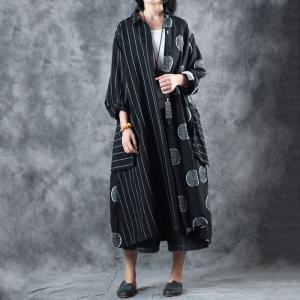 Big Pockets Stereo Polka Dot Linen Shirt Cardigan Black Oversized Shirt Dress