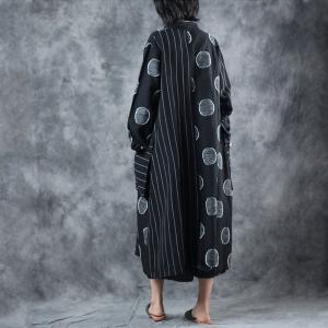 Big Pockets Stereo Polka Dot Linen Shirt Cardigan Black Oversized Shirt Dress