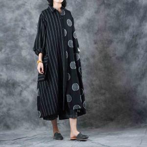 Big Pockets Stereo Polka Dot Linen Shirt Cardigan Black Oversized Shirt Dress