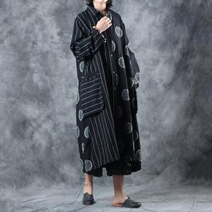 Big Pockets Stereo Polka Dot Linen Shirt Cardigan Black Oversized Shirt Dress