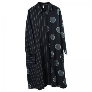 Big Pockets Stereo Polka Dot Linen Shirt Cardigan Black Oversized Shirt Dress