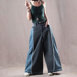 Blue Contrast Tassel Wide Leg Jeans Raw Hem Denim Palazzo Pants