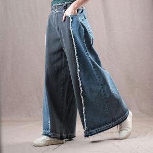 Blue Contrast Tassel Wide Leg Jeans Raw Hem Denim Palazzo Pants