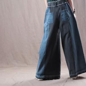 Blue Contrast Tassel Wide Leg Jeans Raw Hem Denim Palazzo Pants