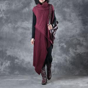 Turtle Neck Asymmetrical Knitted Sweater Dress with A Cotton Long Sleeve Dress