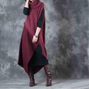 Turtle Neck Asymmetrical Knitted Sweater Dress with A Cotton Long Sleeve Dress