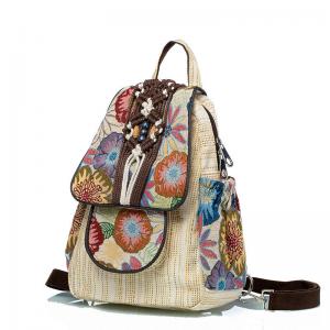 Folk Style Cotton Linen Backpack Printed Knitting Ethnic Backpack