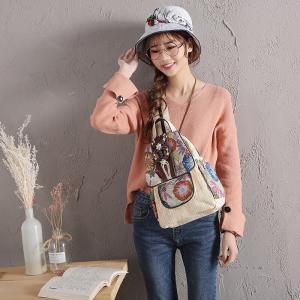 Folk Style Cotton Linen Backpack Printed Knitting Ethnic Backpack