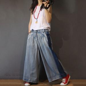 Blue Contrast Womans Denim Pants Korean Wide Leg Jeans