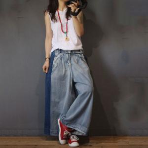 Blue Contrast Womans Denim Pants Korean Wide Leg Jeans