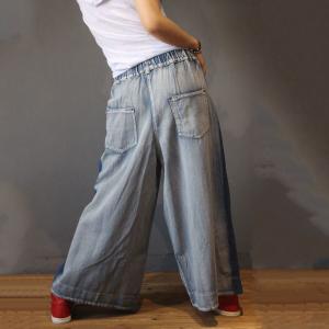 Blue Contrast Womans Denim Pants Korean Wide Leg Jeans