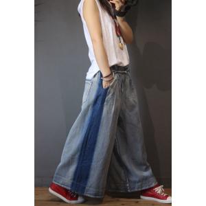 Blue Contrast Womans Denim Pants Korean Wide Leg Jeans