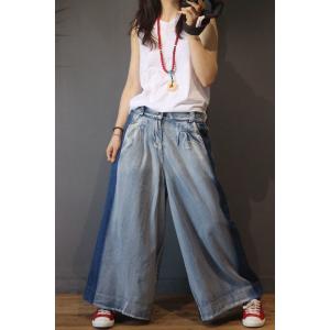 Blue Contrast Womans Denim Pants Korean Wide Leg Jeans