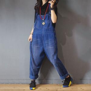 Front Pockets Ripped Corduroy Jumpsuits Womans Korean Dungarees