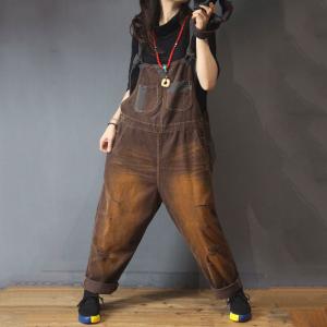 Korean Style Coffee Baggy Overalls Distressed Corduroy Jumpsuits