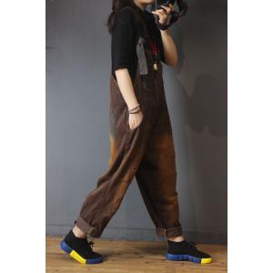 Korean Style Coffee Baggy Overalls Distressed Corduroy Jumpsuits