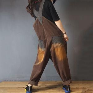 Korean Style Coffee Baggy Overalls Distressed Corduroy Jumpsuits