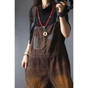 Korean Style Coffee Baggy Overalls Distressed Corduroy Jumpsuits