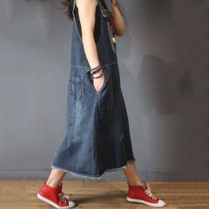 Patched Pockets A-Line Denim Dress Korean Ripped Overalls Dress