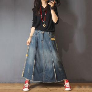 Unique Design Distressed Denim Skirt Vintage Jeans Maxi Skirt