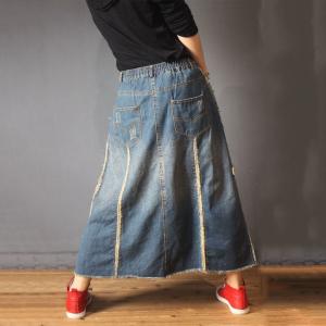 Unique Design Distressed Denim Skirt Vintage Jeans Maxi Skirt