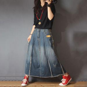 Unique Design Distressed Denim Skirt Vintage Jeans Maxi Skirt