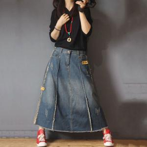 Unique Design Distressed Denim Skirt Vintage Jeans Maxi Skirt