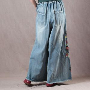 Over40 Style Vintage Wide Leg Jeans Floral Embroidered Jeans