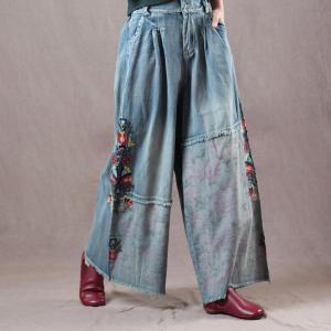 Over40 Style Vintage Wide Leg Jeans Floral Embroidered Jeans