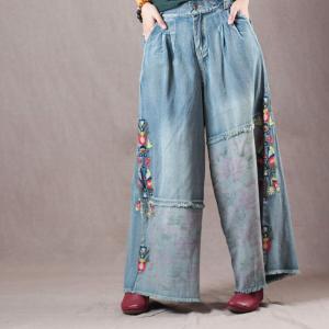 Over40 Style Vintage Wide Leg Jeans Floral Embroidered Jeans