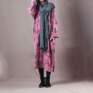 V-Neck Long Sleeve Oversized T-shirt Dress Printed Pink Casual Dress