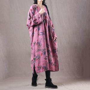 V-Neck Long Sleeve Oversized T-shirt Dress Printed Pink Casual Dress