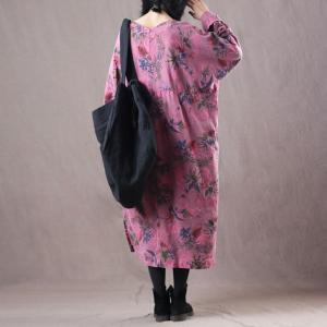 V-Neck Long Sleeve Oversized T-shirt Dress Printed Pink Casual Dress