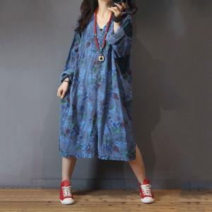 Casual Style Plus Size Printed Dress Long Sleeve T-shirt Dress