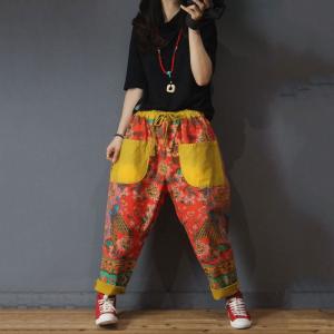 Front Pockets Printed Ethnic Trousers Baggy Yellow Harem Pants