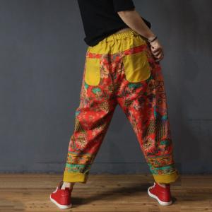 Front Pockets Printed Ethnic Trousers Baggy Yellow Harem Pants