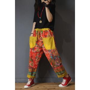 Front Pockets Printed Ethnic Trousers Baggy Yellow Harem Pants