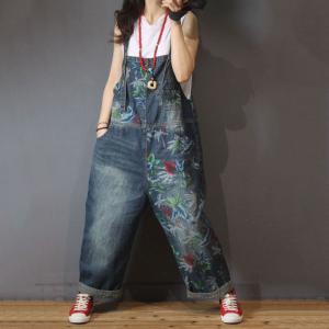 Street Style Printed Wide Leg Jumpsuits Baggy Jeans Overalls