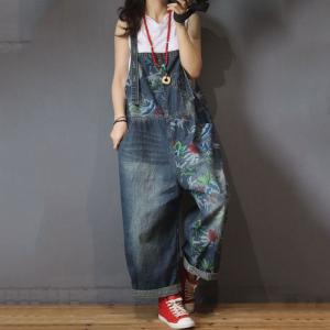 Street Style Printed Wide Leg Jumpsuits Baggy Jeans Overalls