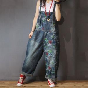 Street Style Printed Wide Leg Jumpsuits Baggy Jeans Overalls